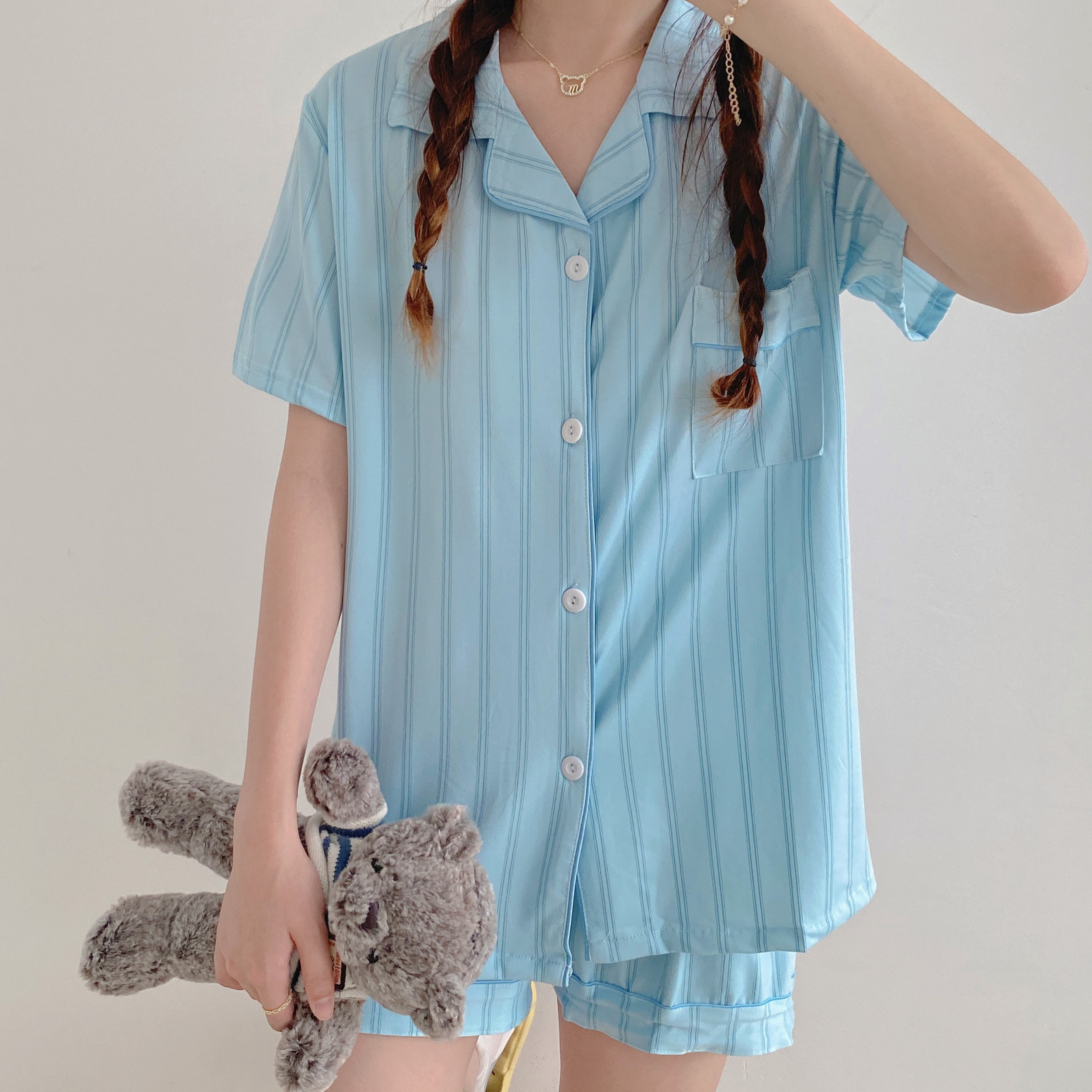 여름 스트라이프 블루/그린 단추 파자마 잠옷/홈웨어 세트